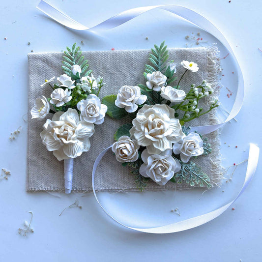 White Rose Corsage and Boutonniere Set for Groomsmen and Bridesmaid Wedding