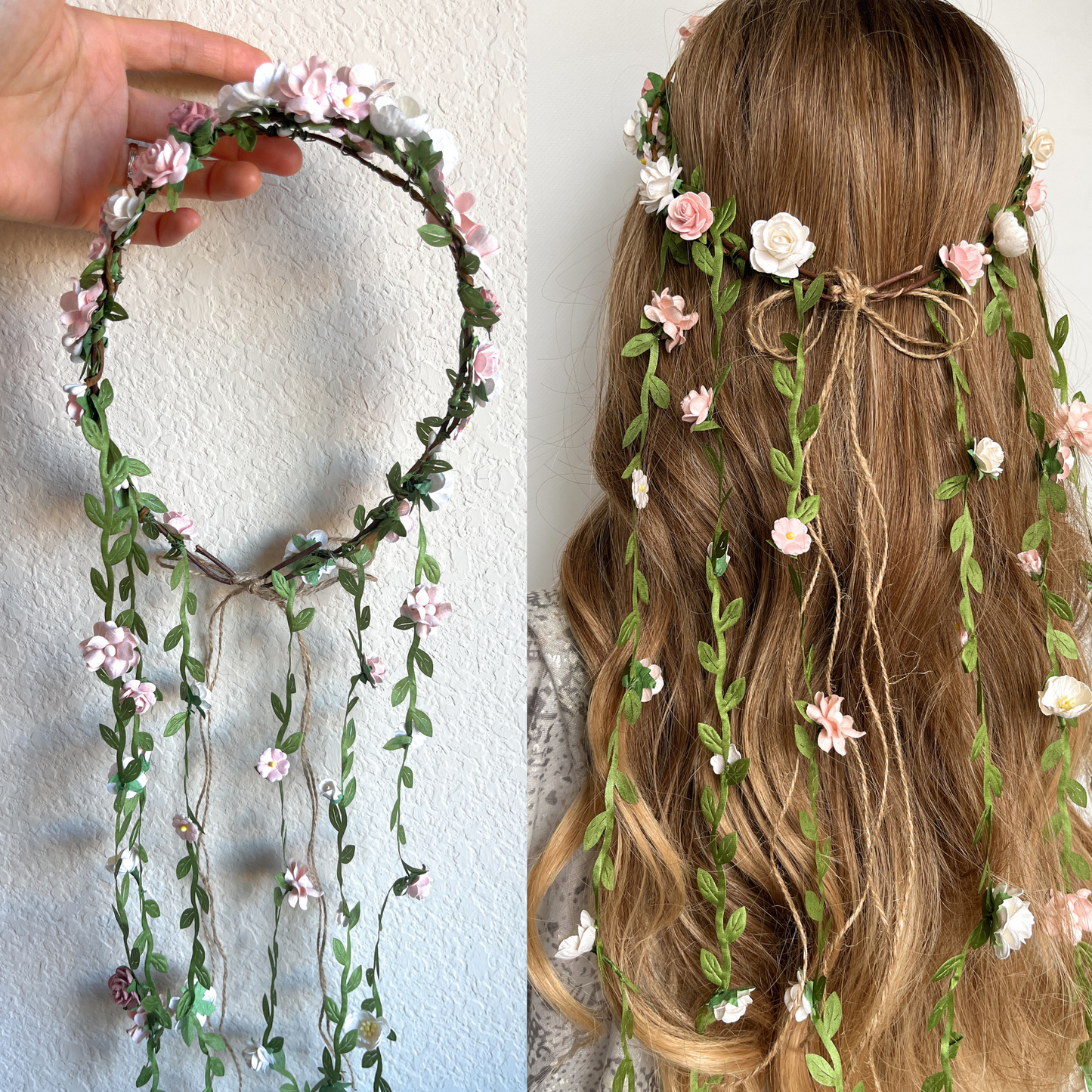 Prom Hairstyle Blush Flower Crown with Vines Boho Bridal Headband Artificial Crown