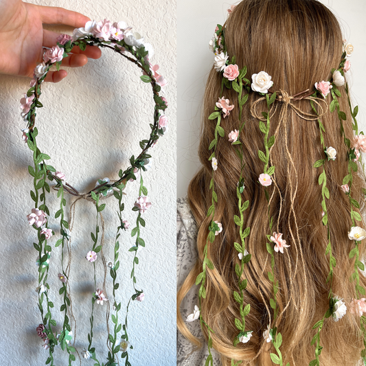 Prom Hairstyle Blush Flower Crown with Vines Boho Bridal Headband Artificial Crown