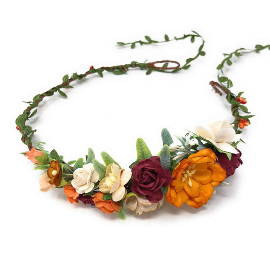 Fall Flower Crown Orange Floral Headband Women Autumn Wedding Head Piece