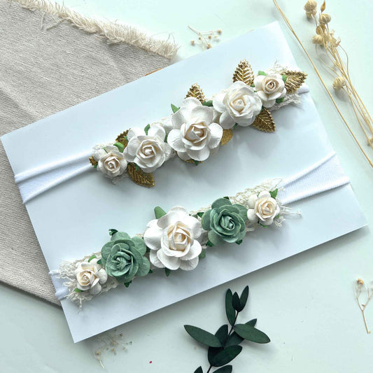 White and Sage Green Flower Baby Headband Hair Accessories