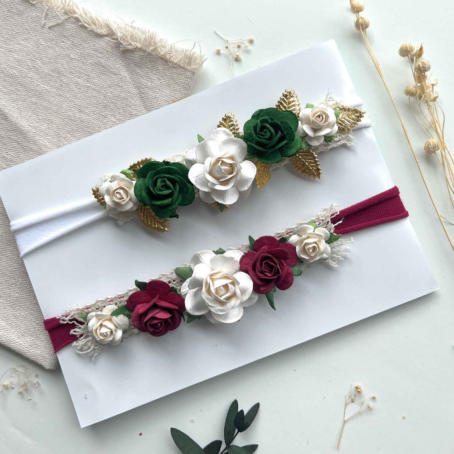 Baby Flower Headband Green Toddler Hairband Burgundy