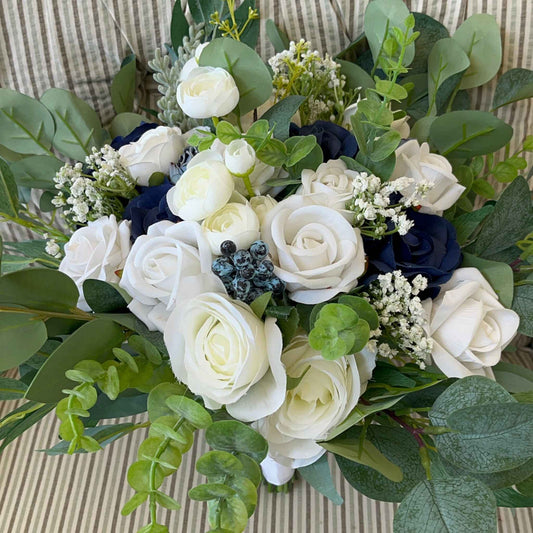 Navy and White Wedding Custom Flower Bouquet Artificial Bridal Bouquet Real Touch Bridesmaid Bouquet