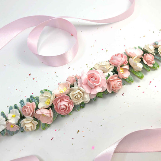 Pink and White Bridal Flower Sash Belt for Dress Wedding