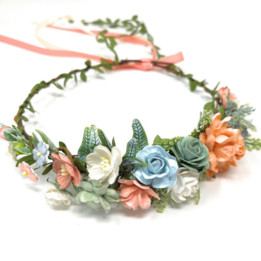 Peach Flower Crown Pastel-Color Flower Headpiece Women Spring Hair Accessories