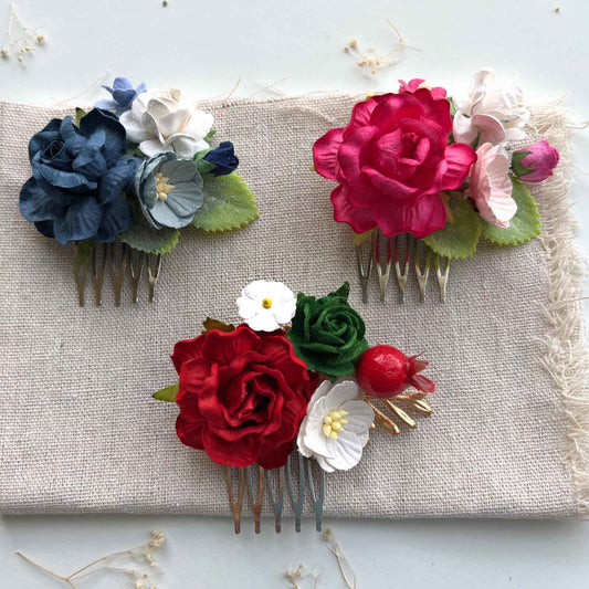 Christmas Red Flower Hair Comb Blue Hair Accessories Women