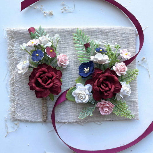 Burgundy Blue White Boutonniere and Corsage Set Flowers Prom Wedding