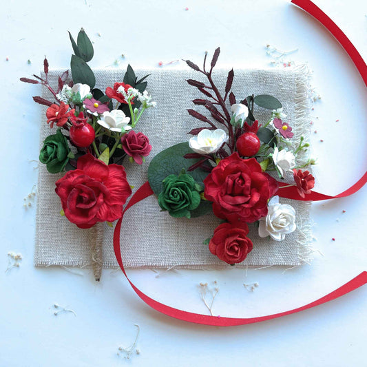 Red Boutonniere and Corsage Set Winter Wedding Boutonniere Christmas Holiday