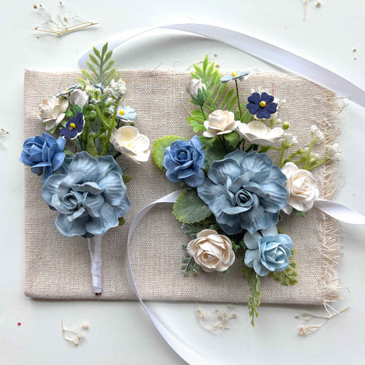 Light Blue Boutonniere and Corsage Set for Prom Wedding Groomsmen