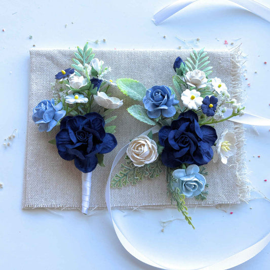Navy Blue Boutonniere and Corsage Set Wedding Groomsmen Buttonhole Best Man Flowers Prom