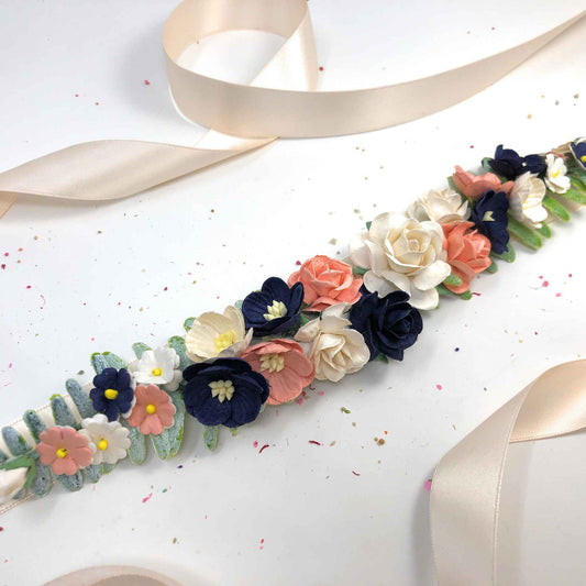 Dark Navy Ivory Peach Flower Sash for Flower Girls