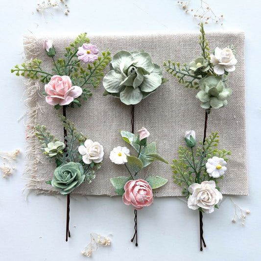 Sage Green and Pale Pink Bridal Hair Pins Wedding Hair Clips Flower Set 3