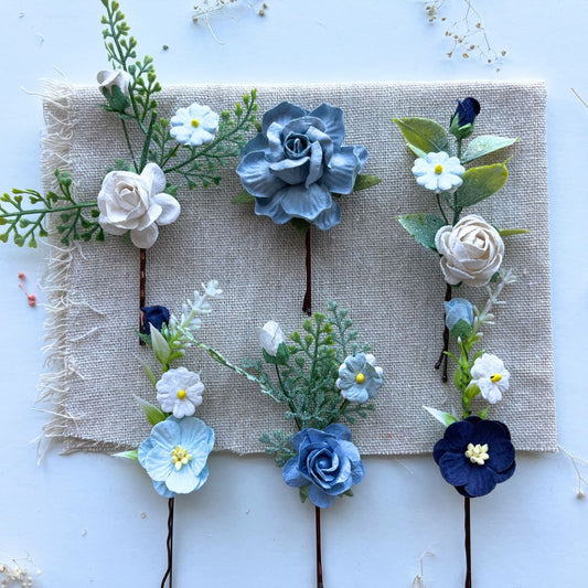 Blue and White Wedding Hair Clips Bridal Hair Pieces Flower Hair Accessories Set 4