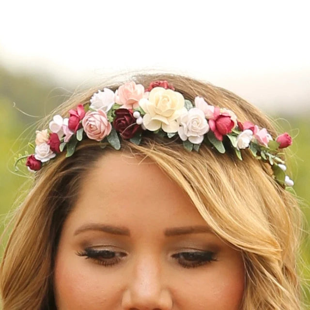 Burgundy Flower Crown Wedding Pink Headpiece Women Headband Hair Accessories