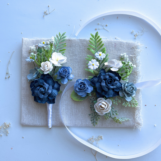 Indigo Blue Boutonniere and Corsage Set Wedding Groomsmen Buttonhole Best Man Flowers